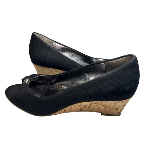 Etienne Aigner Black Canvas Wedge Heel open toe Pumps 8 - Picture 3 of 16